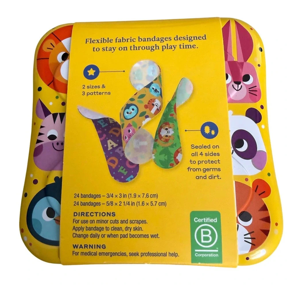 Welly Flex Fabric Bandages 48 Count Assorted Animal Patterns Reusable Tin